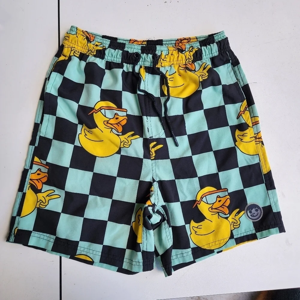 Neff Boys Ducky Swim Trunks Aqua Blue Yellow Polyester Spandex Drawstring Sz M